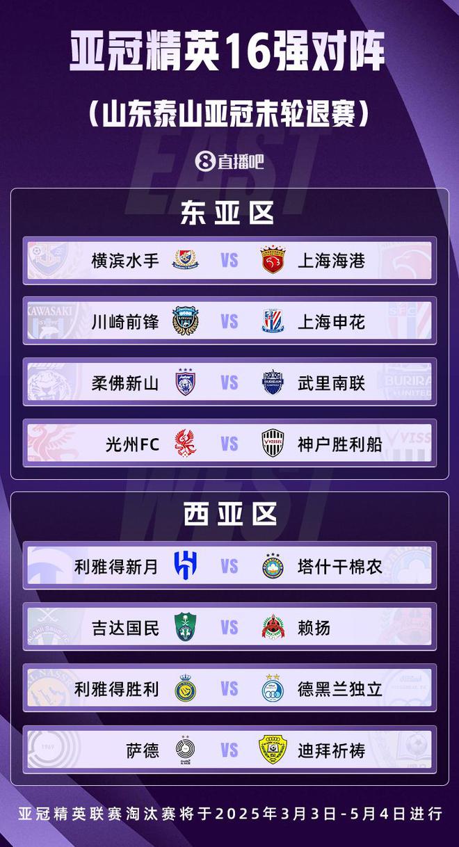 泰山撤離，亞冠16強戰：申花戰川崎，海港對橫濱。