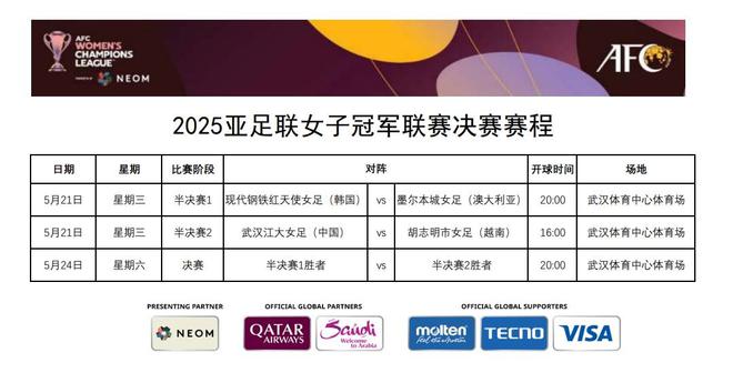 官方：女足亞冠半決賽武漢胡志明市下午戰