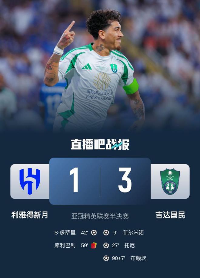 吉達國民勝出，3-1淘汰新月進亞冠決賽，菲爾米諾進球，庫利巴利紅牌。